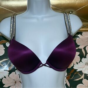 Victoria’s Secret 34C 2010s push up plunge bra plum rhinestone straps lingerie